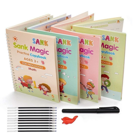 Set of colorful 'Sank Magic' practice copybooks with a pen and eraser on a white background