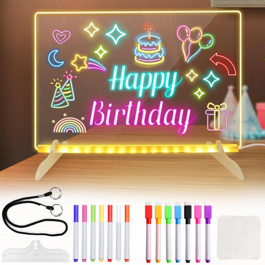 Neon sign with 'Happy Birthday' and various celebratory symbols, accompanied by markers and a cleaning cloth.