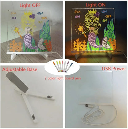 Collage of a light-up drawing of a mermaid with accessories like a USB power cable and color pens.