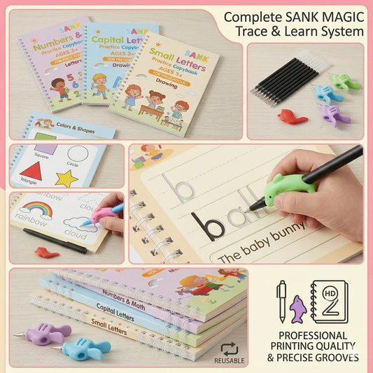 Collage of educational materials and writing tools for children's learning system on a pink background.