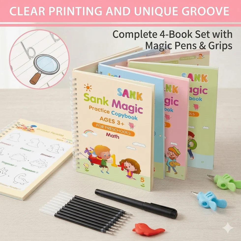 Set of children's practice copybooks with magic pens and grips on a wooden surface.
