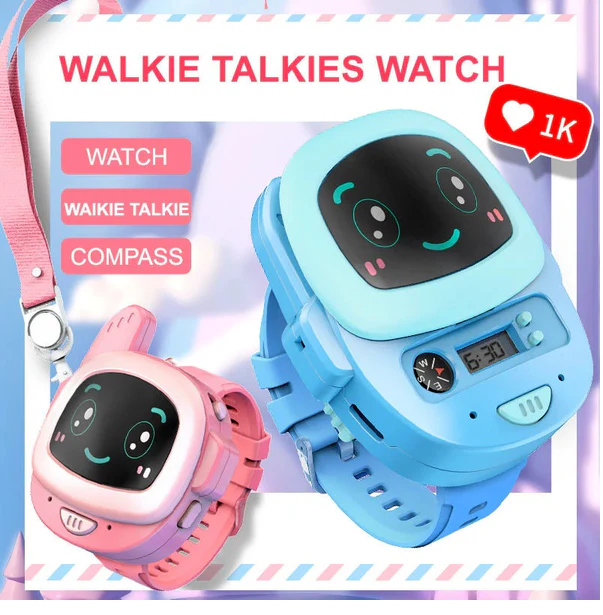 Two colorful walkie-talkie watches, one pink and one blue, on a light purple background with text indicating features.
